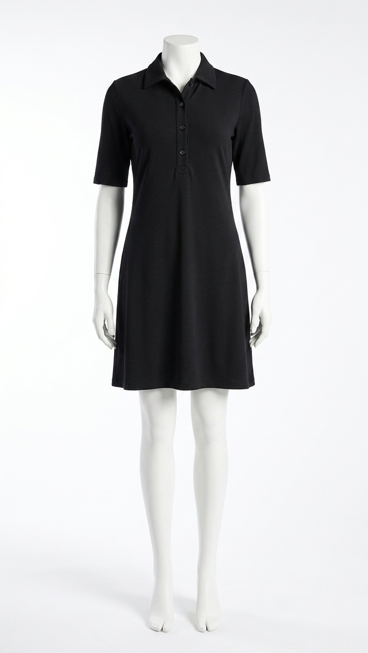 NEW VINCE elbow sleeve mini polo dress in black